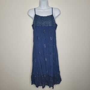 Blue chambray embroidered spaghetti straps western smocked back dress Free Size